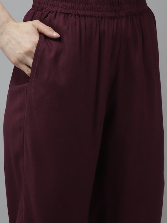 Yufta Women Burgundy Ethnic Motifs Printed Mirror Work Kurta with Trousers & With Dupatta