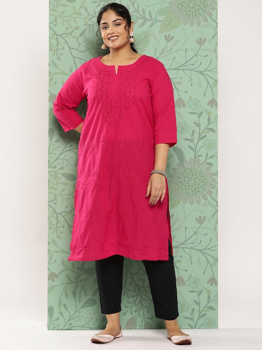 Yufta Women Plus Size Floral Embroidered Straight Kurta