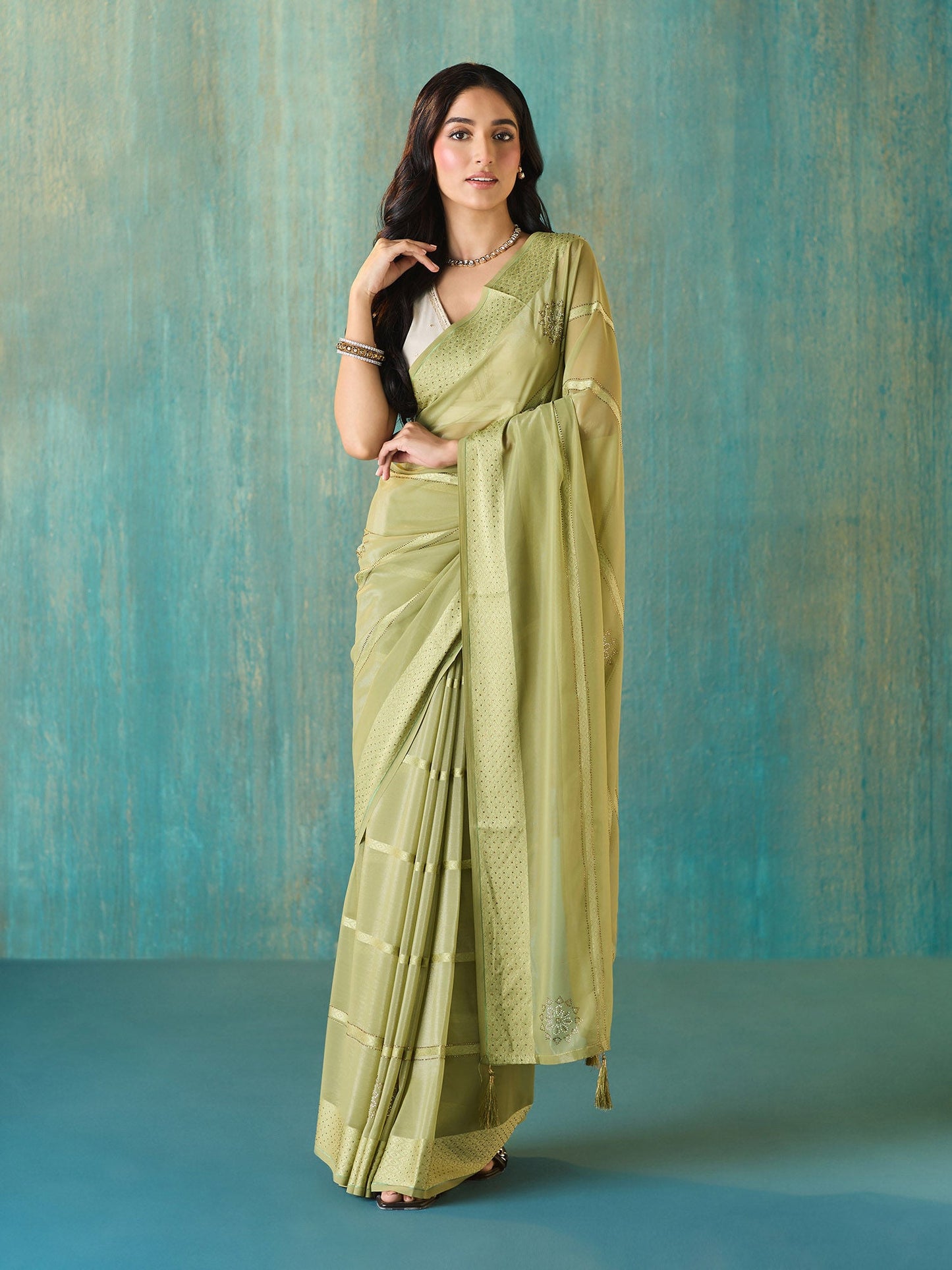 Likha Green Chiffon Embroidered and Embellished Saree with Unstitched Blouse LIKSAR116 (Free Size)