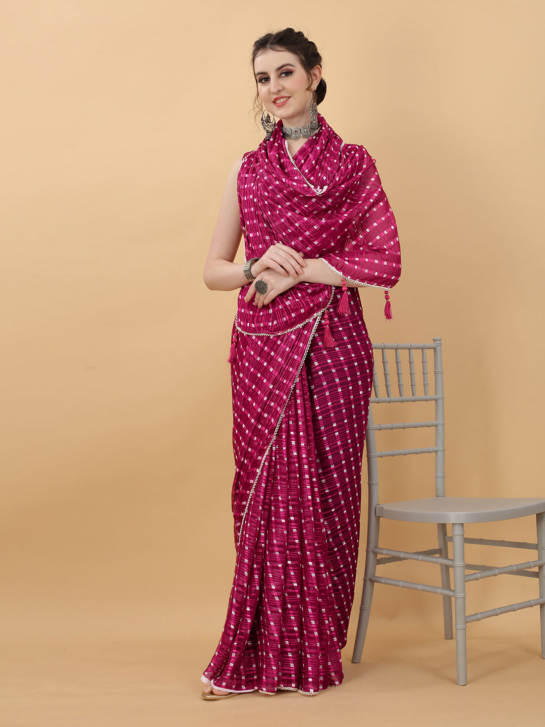 Kasee Magenta & White Checked Zari Satin Saree