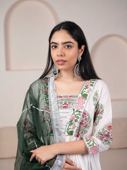 Myshka Floral Checked Flared Sleeves Thread Work Kurta With Dupatta