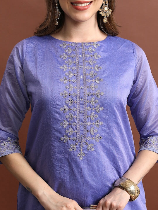 Vishudh Mauve Ethnic Motifs Embroidered Boat Neck Indigo Cotton Straight Kurta