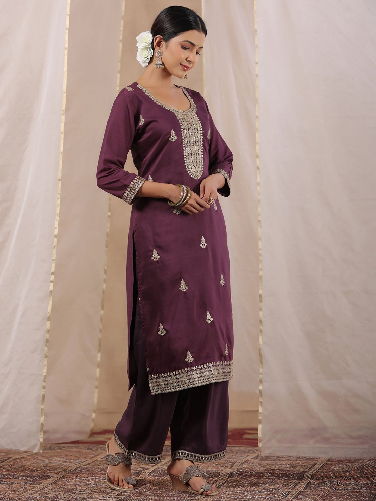 ISHIN Women's Wine Zari Work Ethnic Motifs Poly Silk Straight Kurta