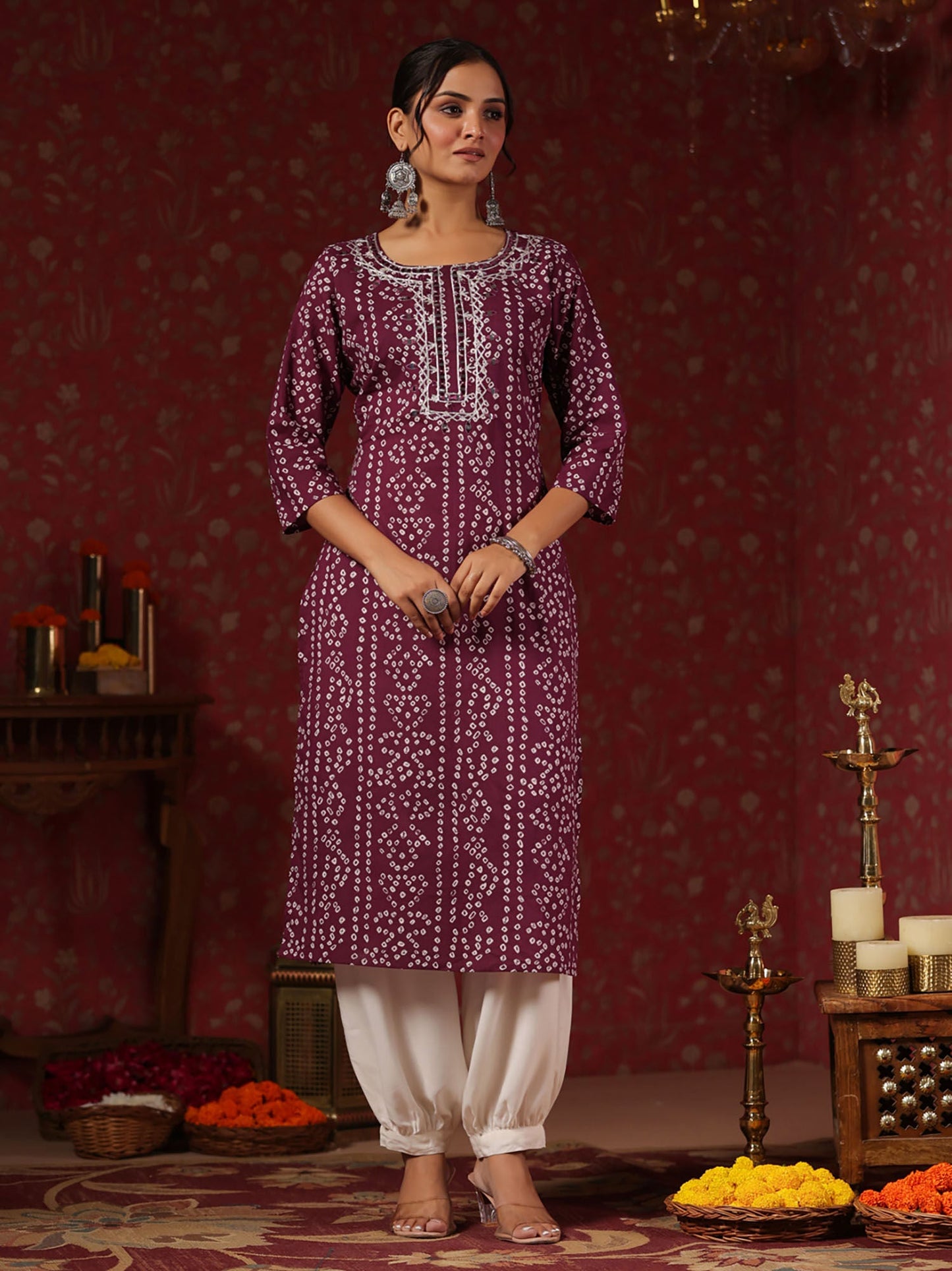 ISHIN Women's Bandhani Mirror Work Purple Round Neck Straight Kurta