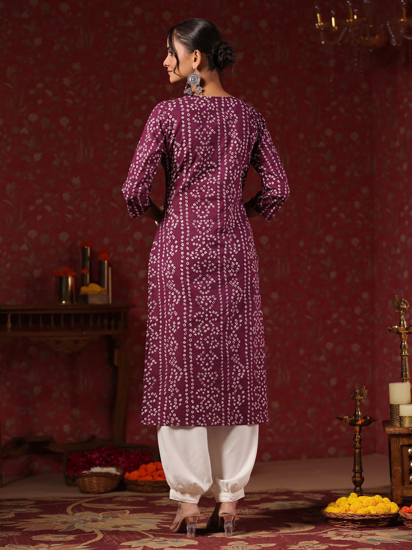 ISHIN Women's Bandhani Mirror Work Purple Round Neck Straight Kurta