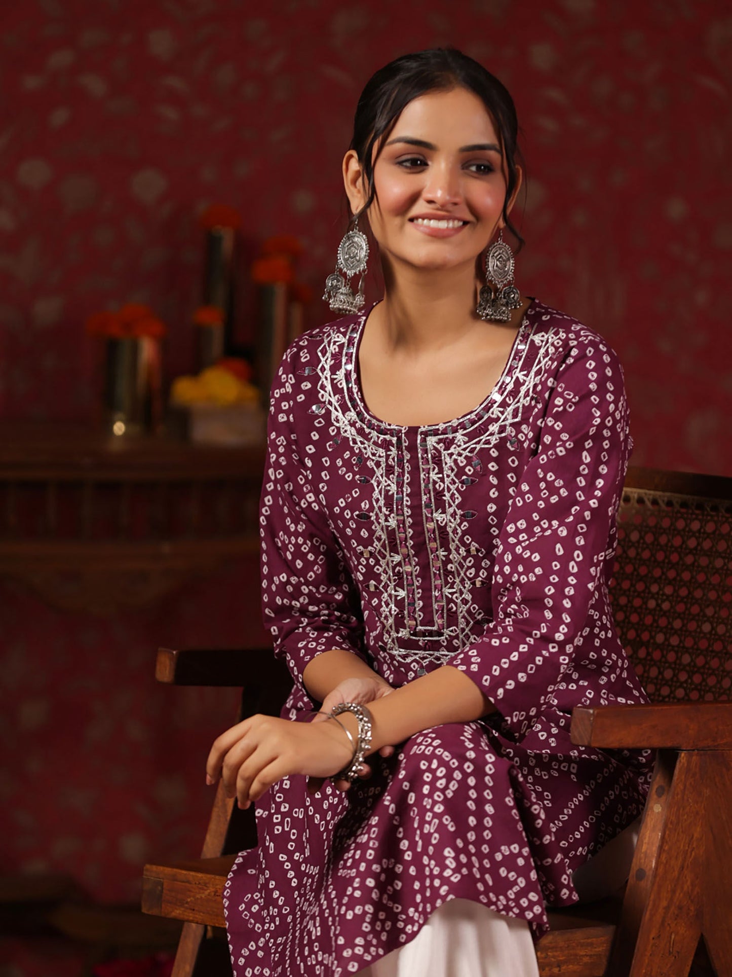 ISHIN Women's Bandhani Mirror Work Purple Round Neck Straight Kurta