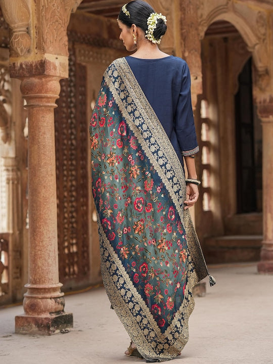 Scakhi Ethnic Motifs Embroidered Zari Jacquard Straight Kurta With Trousers & Dupatta