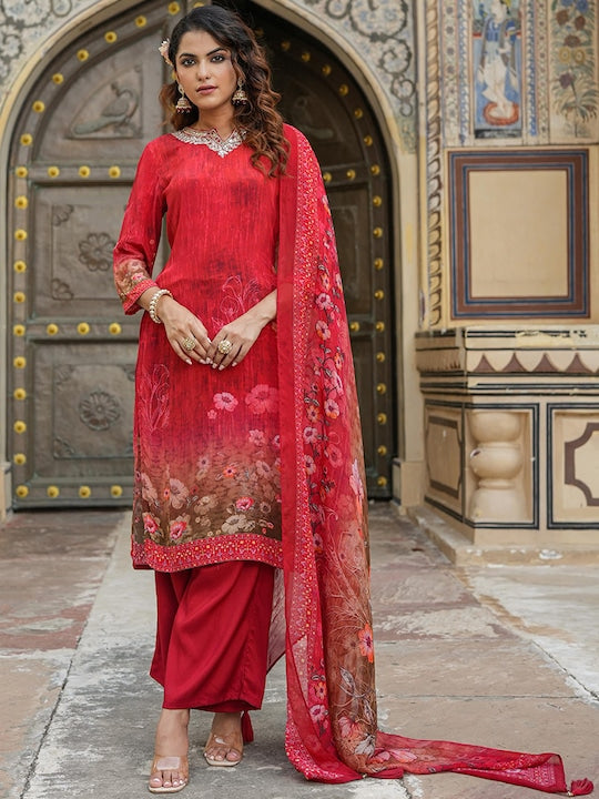 Scakhi Floral Printed Regular Gotta Patti Silk Crepe Kurta with Palazzos & With Dupatta