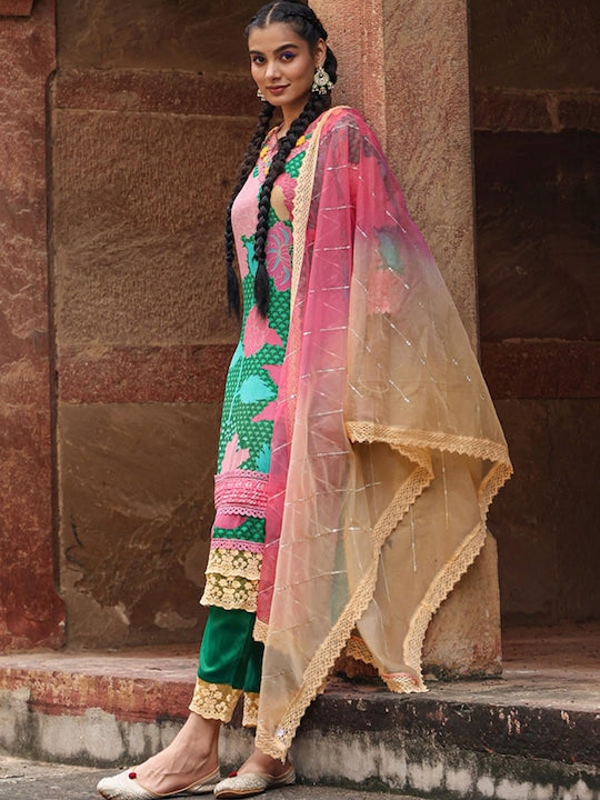 Scakhi Floral Digital Printed Thread Work Chinon Silk Kurta with Trousers & Dupatta