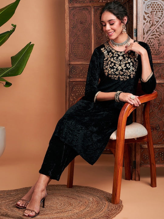 Shae by Sassafras Black Floral Yoke Design Thread Work Detail Velvet Straight Kurta