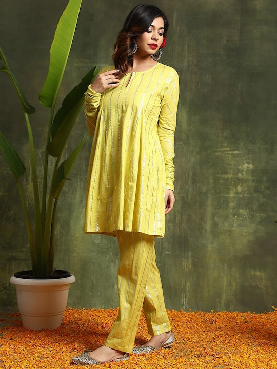 AKS Couture Striped Keyhole Neck Long Sleeves A-Line Pure Cotton Kurti With Trousers