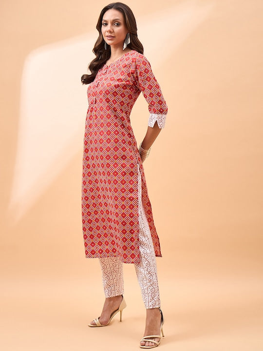 All about you Bandhani Printed V-Neck Regular Straight Kurta With Trousers