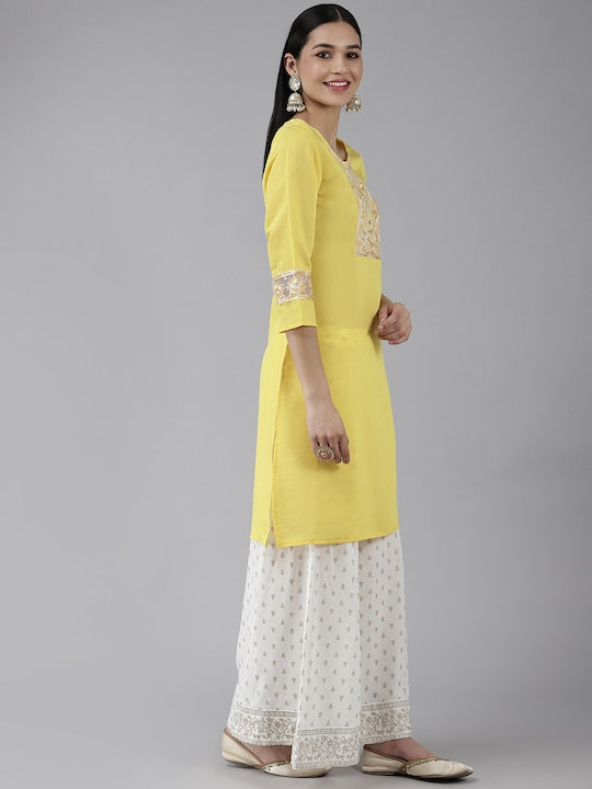 Yufta Women Yellow Ethnic Motifs Embroidered Kurta with Palazzos & Dupatta