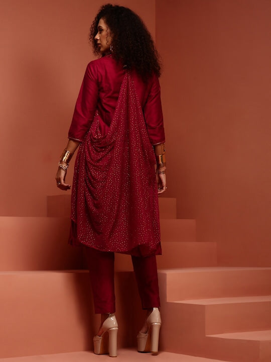 IMARA Ethnic Motifs Embroidered Gotta Patti Straight Kurta & Trousers With Dupatta