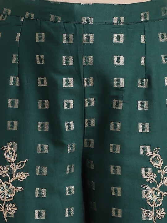 Fabmora Ethnic Motif Woven Design Thread Work Organic Cotton A-Line Kurta & Trousers