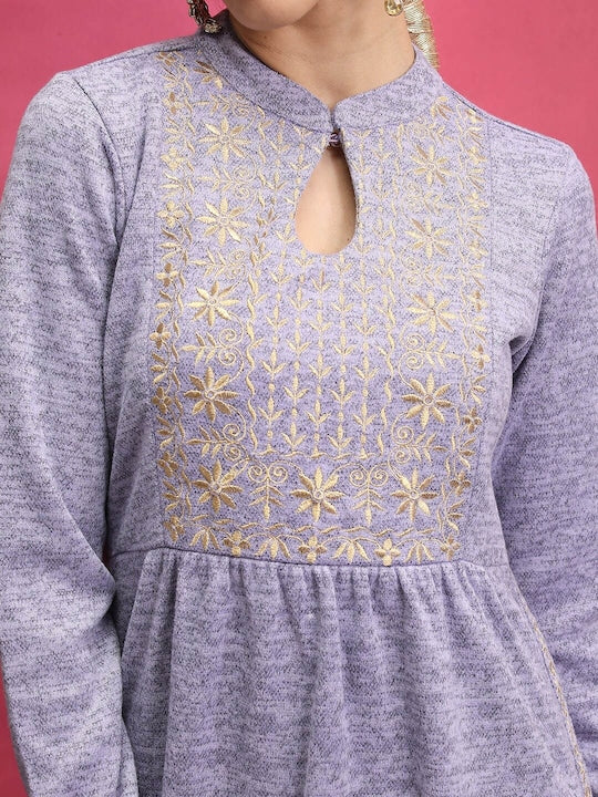 Vishudh Lavender Ethnic Motifs Embroidered Mandarin Collar Kurta