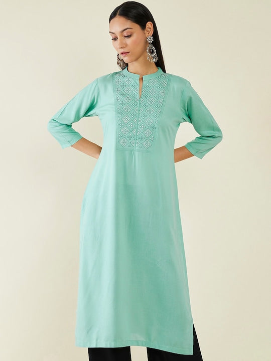 Soch Ethnic Motifs Yoke Design Embroidered Mirror work Straight Kurta