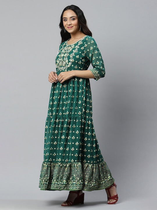 AureliaGreen Floral Printed Tiered Maxi Dress