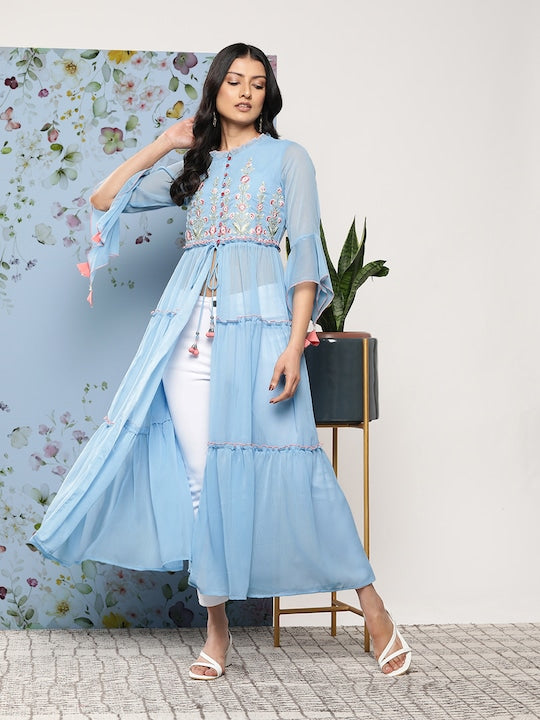 Juniper Floral Embroidered Tiered Front Slit A-Line Kurta with Tie-Up Detail