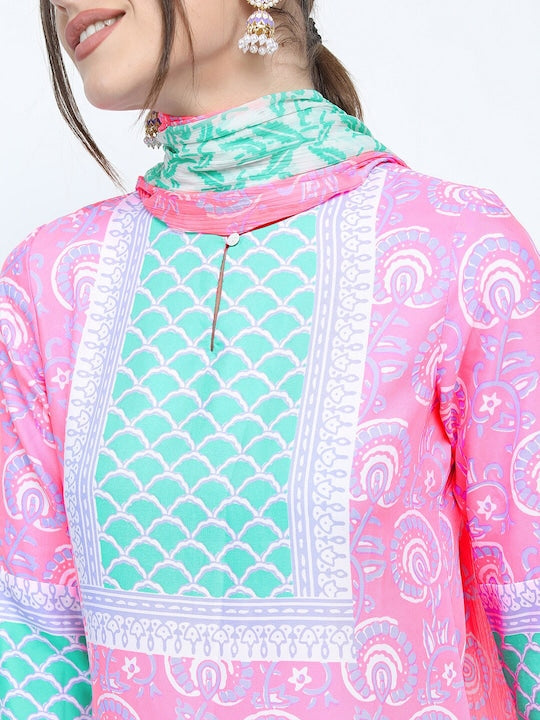 Vishudh Women Pink Ethnic Motifs Printed High Slit Kurta with Palazzos & With Dupatta