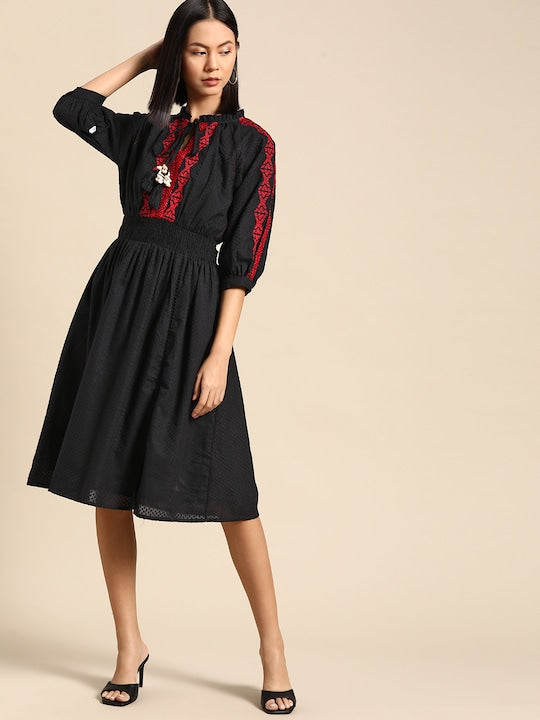 All about you Smocked Dobby Woven Embroidered Tie-Up Neck A-Line Midi Dress