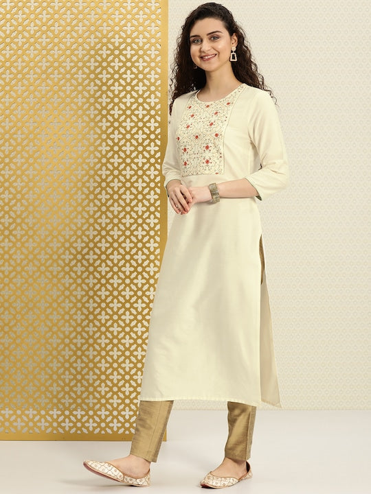 House of Pataudi Women Off-White Yoke Design A-Line Kurta