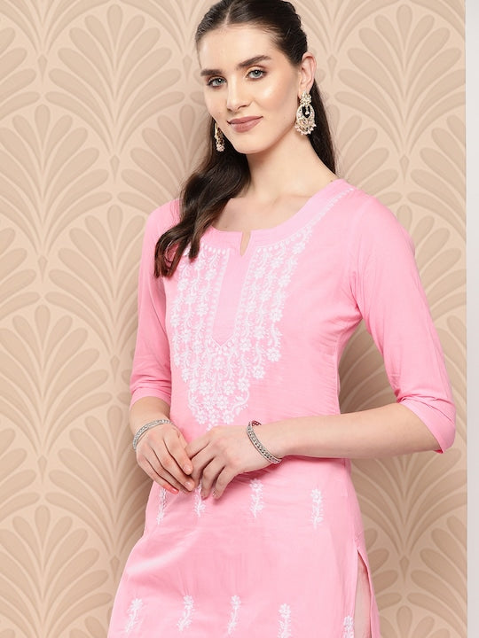 Yufta Floral Embroidered Chikankari Pure Cotton Kurta
