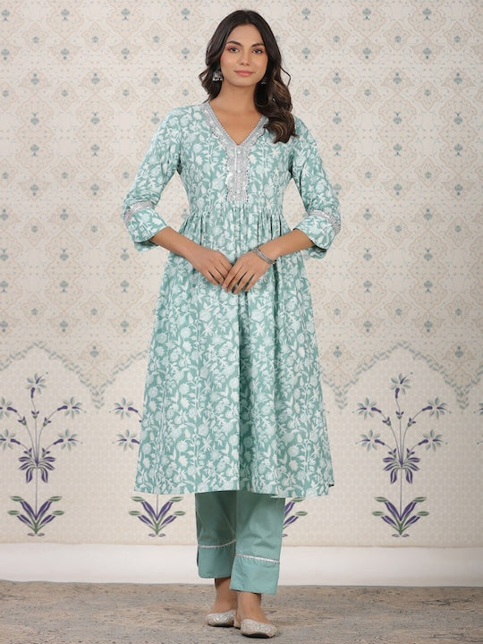 House of Pataudi Floral Printed Pure Cotton Kurta With Palozza & Dupatta