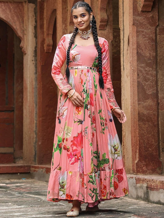 Scakhi Floral Printed Gathered Detailed Chinon Silk Maxi Ethnic Dress With Belt