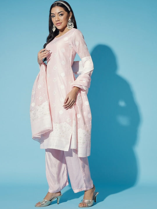 Myshka Embroidered Regular Chanderi Cotton Kurti with Trousers & Dupatta