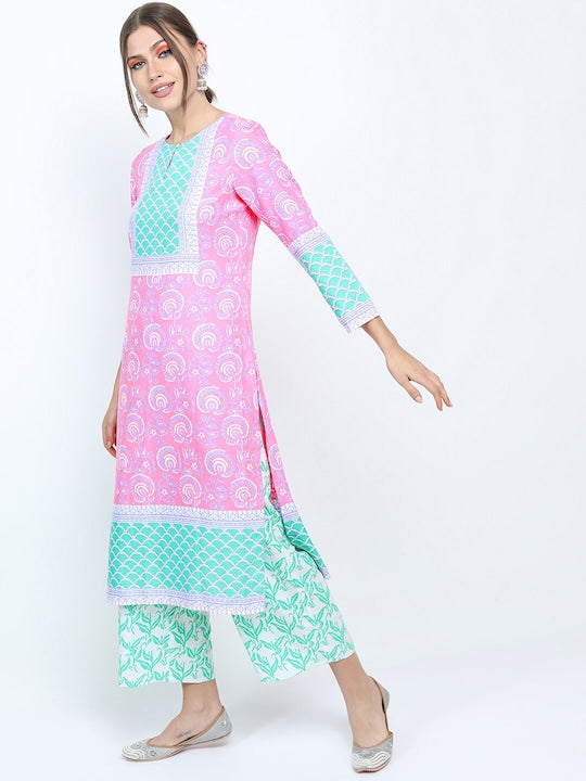 Vishudh Women Pink Ethnic Motifs Printed High Slit Kurta with Palazzos & With Dupatta