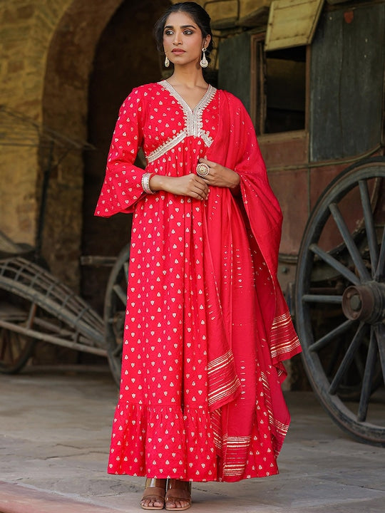 Scakhi Embellished V-Neck Cotton Jacquard Empire Maxi Ethnic Dress With Dupatta