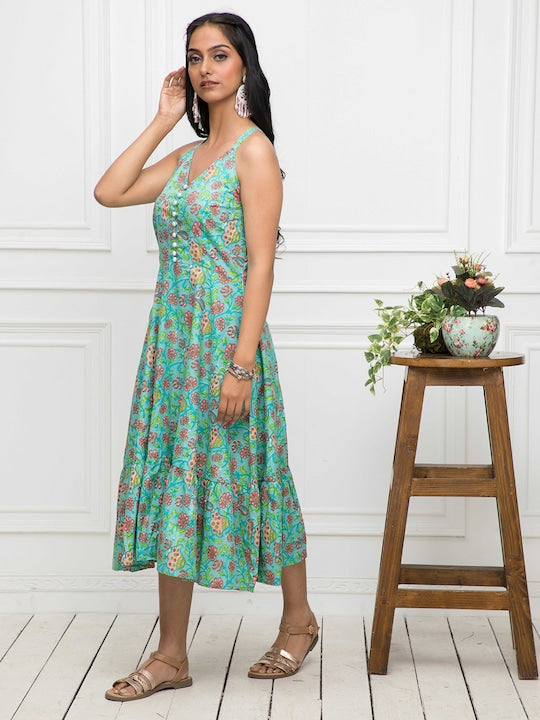 Myshka Floral Printed Cotton A-Line Midi Dress