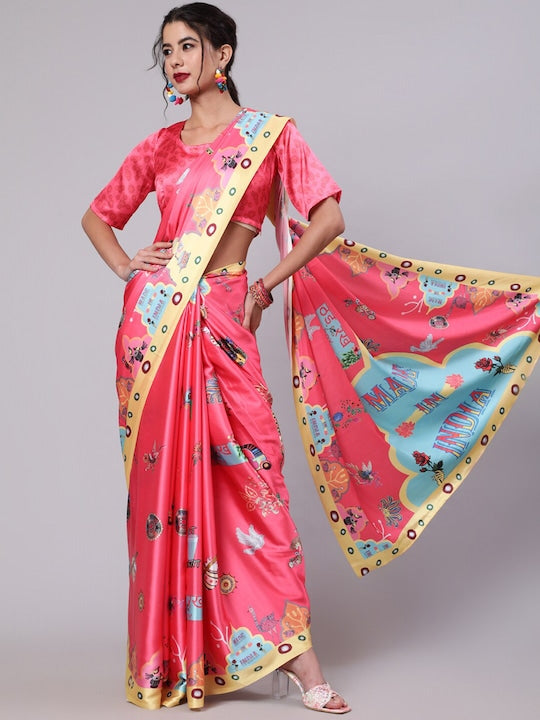 AKS Abstract Printed Satin Saree