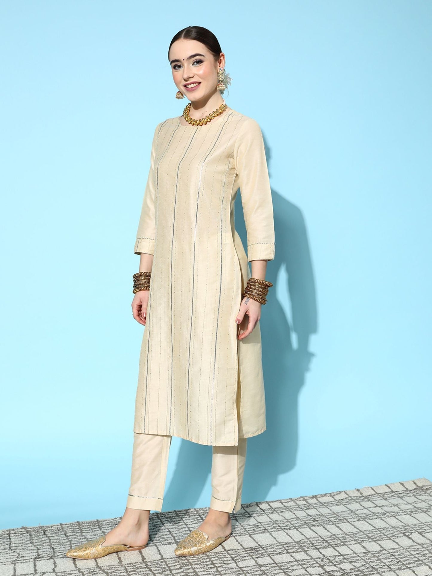 ISHIN Womens Cream Zari A-Line Kurta with Trouser & Dupatta (Set of 3)