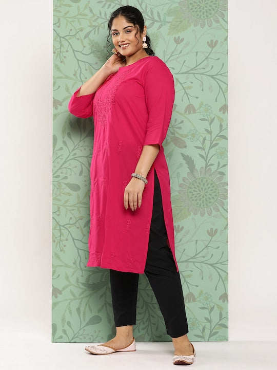 Yufta Women Plus Size Floral Embroidered Straight Kurta