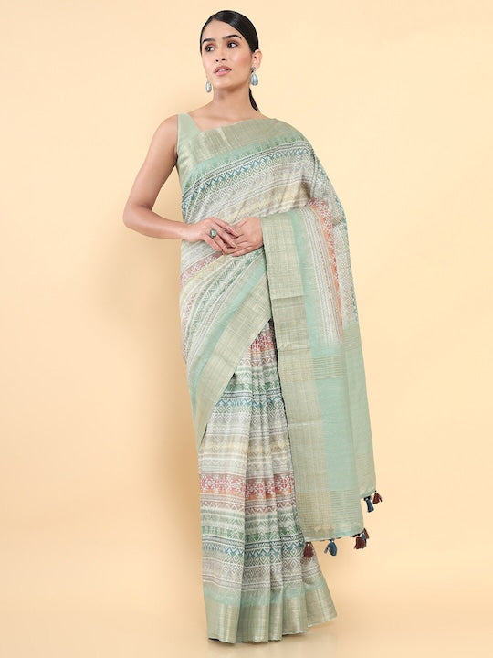 Soch Green & Pink Woven Design Zari Pure Silk Tussar Saree