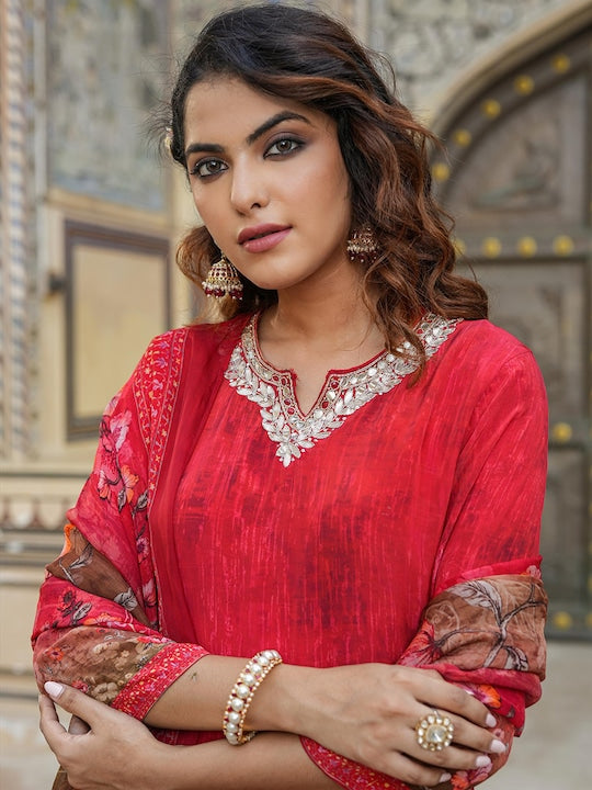 Scakhi Floral Printed Regular Gotta Patti Silk Crepe Kurta with Palazzos & With Dupatta