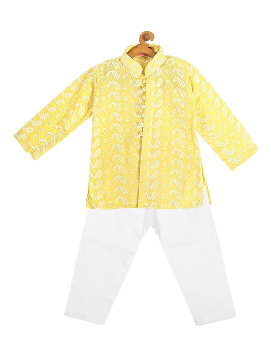 Vastramay Sishu Boys Mustard Yellow And White Pure Cotton Chikankari Kurta Pyjama Set