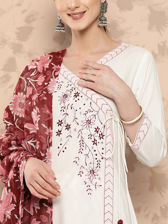 Yufta Women White Embroidered Angrakha Thread Work Kurta with Salwar & With Dupatta