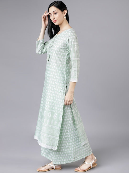 Vishudh Women Green & Off-White Printed Kurta with Palazzos