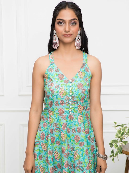 Myshka Floral Printed Cotton A-Line Midi Dress