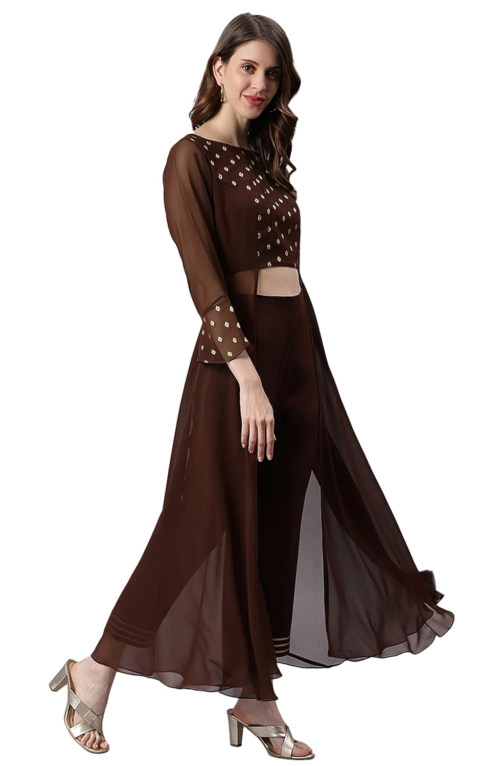 Janasya Women's Brown Georgette Ethnic Motifs Top with Pant