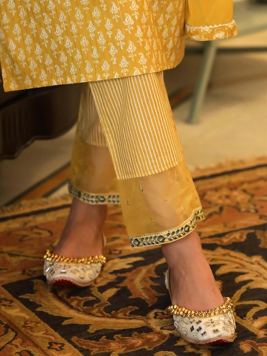 SCAKHI Women Yellow Ethnic Motifs Sequinned Pure Cotton Kurta with Palazzos & With Dupatta