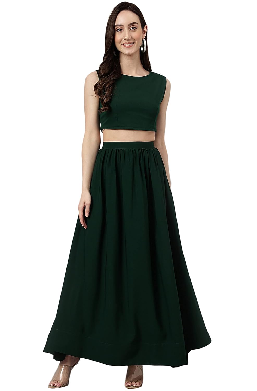 Janasya Women's Green Crepe Solid Crop Top with Skirt and Jacket