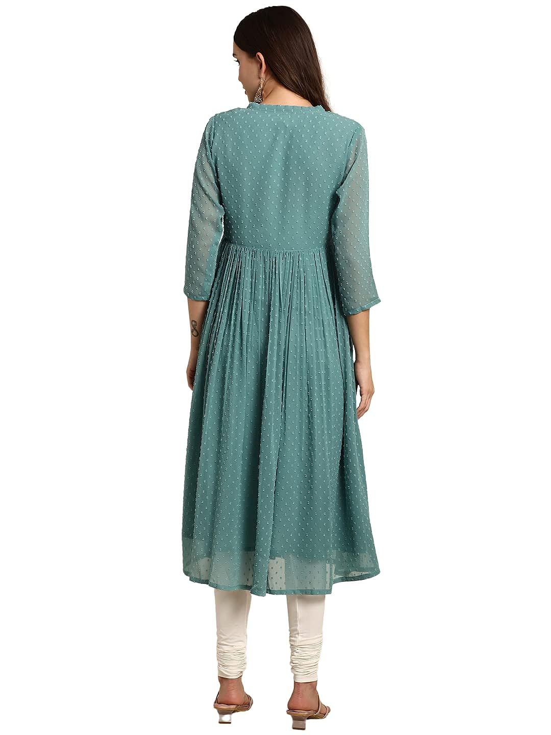 Janasya Women's Green Poly Chiffon Self Design Flared Western Dress