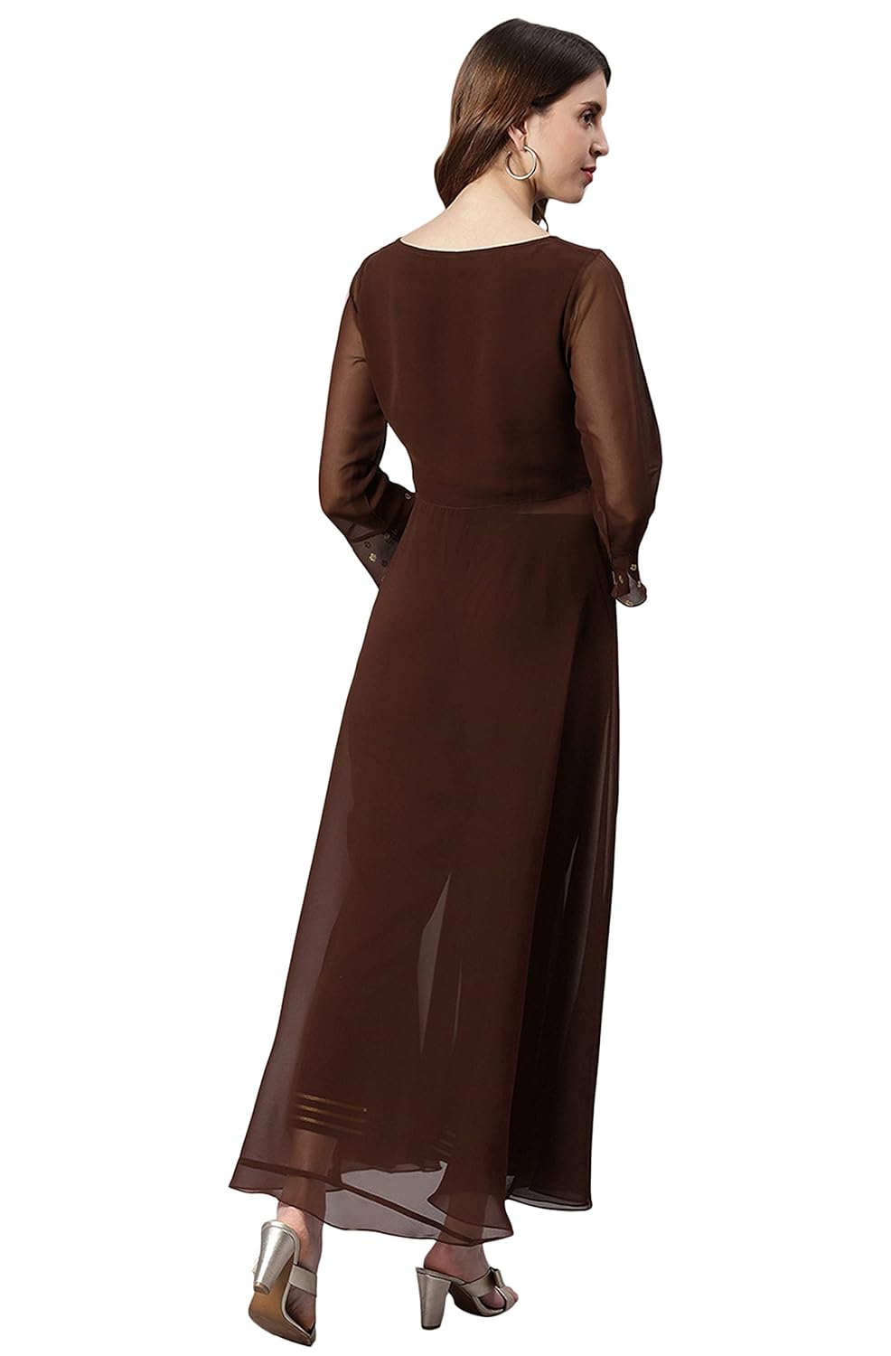 Janasya Women's Brown Georgette Ethnic Motifs Top with Pant