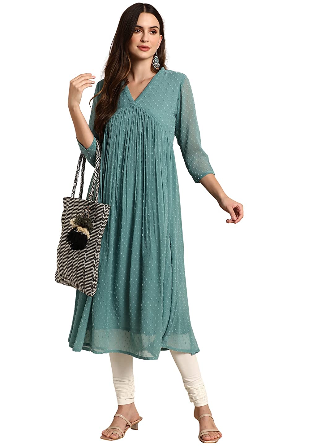Janasya Women's Green Poly Chiffon Self Design Flared Western Dress