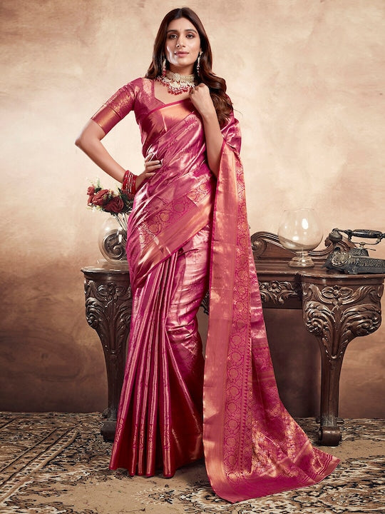 Satrani Pink & Gold Toned Floral Woven Design Zari Jacquard Banarasi Saree