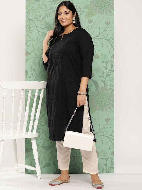 Yufta Women Plus Size Floral Embroidered Straight Kurta